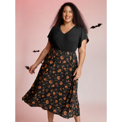 Bloomchic Women's Plus Size Pumpkin Contrast Print Pockets Maxi Dress Black Stars And Moons Midi Elegant Gathe