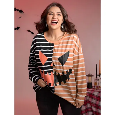 Bloomchic Women's Plus Size Pumpkin Contrast Stripes Full Sleeve Sweatshirt Multicolor Graphic-halloween Casua