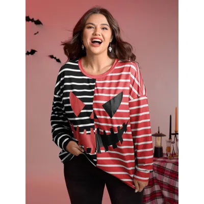 Bloomchic Women's Plus Size Pumpkin Contrast Stripes Full Sleeve Sweatshirt Scarlet Graphic-halloween Casual 1 In Red