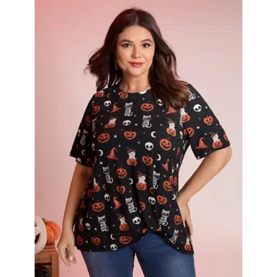 Bloomchic Women's Plus Size Pumpkin Everywhere Print Overlap Hem T-shirt Black Fruit And Vegetable Print Casua