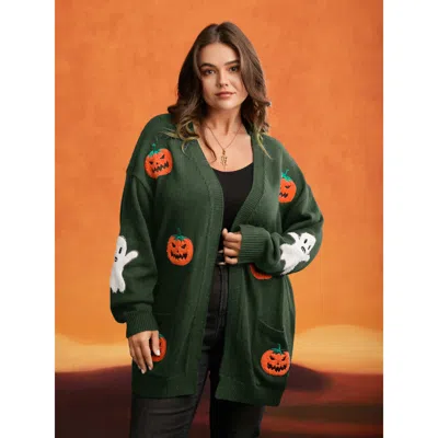 Bloomchic Women's Plus Size Pumpkin Ghost Embroidery Open Cardigan Armygreen Long Sleeve 10/m