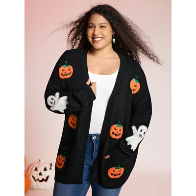 Bloomchic Women's Plus Size Pumpkin Ghost Embroidery Open Cardigan Black Long Sleeve 12/l