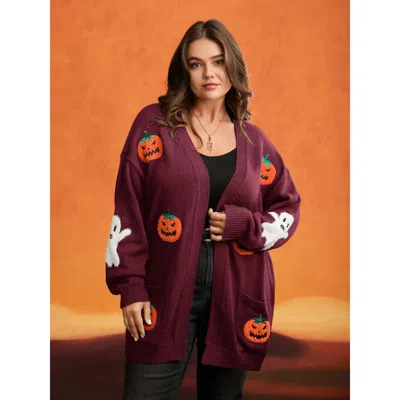 Bloomchic Women's Plus Size Pumpkin Ghost Embroidery Open Cardigan Burgundy Long Sleeve 10/m