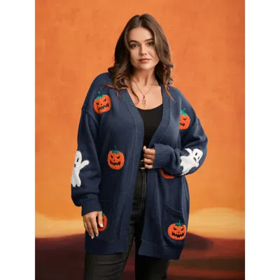 Bloomchic Women's Plus Size Pumpkin Ghost Embroidery Open Cardigan Indigo Long Sleeve 14-16/1x In Purple