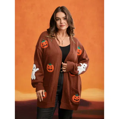 Bloomchic Women's Plus Size Pumpkin Ghost Embroidery Open Cardigan Rust Long Sleeve 28/5x In Brown