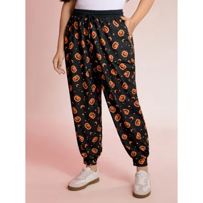 Bloomchic Women's Plus Size Pumpkin Halloween Drawstring Jogger Pants Black Non Tapered Ankle Mid Rise Casual 