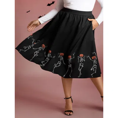 Bloomchic Women's Plus Size Pumpkin Head Skeleton Print Flared Midi Dress Black Elastic Waist Flared Casual 10