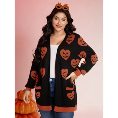 Bloomchic Women's Plus Size Pumpkin Hearts Halloween Pockets Cardigan Black Long Sleeve 10/m