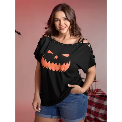 Bloomchic Women's Plus Size Pumpkin Motif Strap Loop Shoulder T-shirt Black Figurative Print Casual Cap Sleeve
