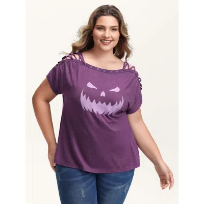 Bloomchic Women's Plus Size Pumpkin Motif Strap Loop Shoulder T-shirt Deeppurplered Figurative Print Casual Ca