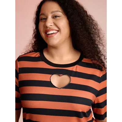 Bloomchic Women's Plus Size Pumpkin Patch Stripe Heart Cut-out T-shirt Coral Stripes Casual Short Sleeve 12/l In Orange