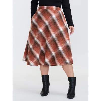 Bloomchic Women's Plus Size Pumpkin Plaid Print Halloween Midi Skirt Brightorange Non Flared Elegant 10/m