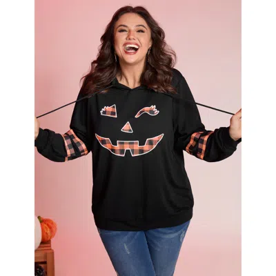 Bloomchic Women's Plus Size Pumpkin Plaid Print Solid Hoodie Black Graphic-halloween Casual 18-20/2x