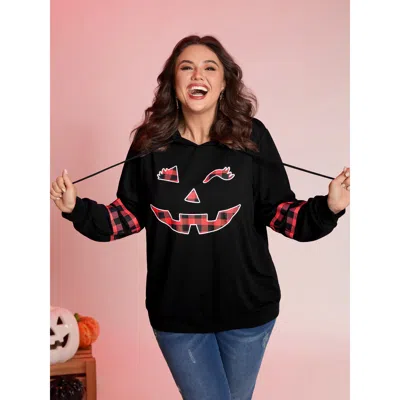 Bloomchic Women's Plus Size Pumpkin Plaid Print Solid Hoodie Blackflower Graphic-halloween Casual 12/l