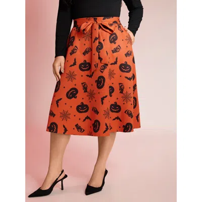 Bloomchic Women's Plus Size Pumpkin Print Belted Maxi Skirt Brightorange Tie Knot Flared Elegant 12/l