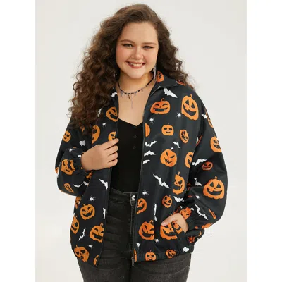 Bloomchic Women's Plus Size Pumpkin Print Zipper Fly Pocket Jacket Black Elastic Cuffs 18-20/2x