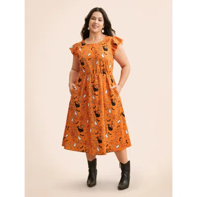 Bloomchic Women's Plus Size Pumpkin Printed Ruffle Sleeves Midi Dress Brightorange Casual Mini Ruffles Round N