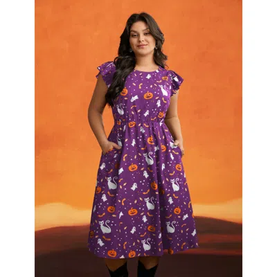 Bloomchic Women's Plus Size Pumpkin Printed Ruffle Sleeves Midi Dress Deeppurplered Casual Mini Ruffles Round 