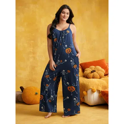 Bloomchic Women's Plus Size Pumpkin Printed Slim-fit Lounge Jumpsuit Darkblue Graphic-halloween Full 18-20/2x In Blue