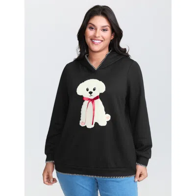 Bloomchic Women's Plus Size Puppy Embroidered Stretchy Contrast Hoodie Black Animals Casual Hooded Neck 10/m