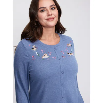 Bloomchic Women's Plus Size Puppy Embroidery Buttons Fitted T-shirt Cerulean Non Casual Long Sleeve 12/l In Blue