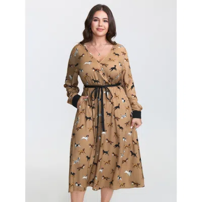 Bloomchic Women's Plus Size Puppy Print Waist-tie Color Contrast Midi Dress Bronze Non Midi Casual Overlapping In Brown