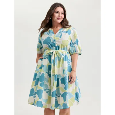 Bloomchic Women's Plus Size Pure Cotton Abstract Print Twisted Mini Dress Lightblue Floral Knee Casual Tie Kno In Blue