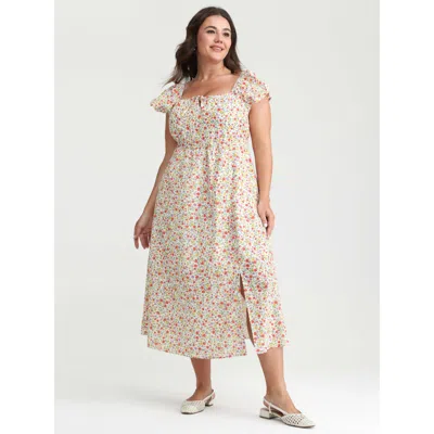 Bloomchic Women's Plus Size Pure Cotton Adjustable Neckline Floral Midi Dress Multicolor Ditsy Floral Midi Cas