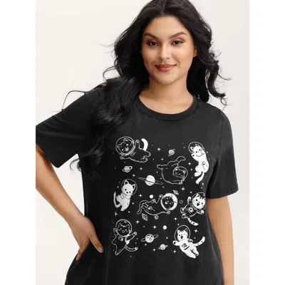 Bloomchic Women's Plus Size Pure Cotton Astronomer Cat Print T-shirt Black Solid Casual Short Sleeve Round Nec