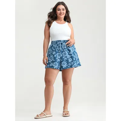 Bloomchic Women's Plus Size Pure Cotton Beach Floral Print Shorts Mediumblue Casual A-line Drawstring Shorts 1