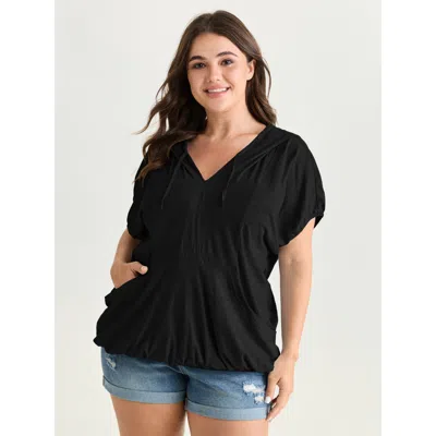 Bloomchic Women's Plus Size Pure Cotton Bubble Hem Hooded Knit Top Black Short Sleeve Casual Hooded Neck 22-24