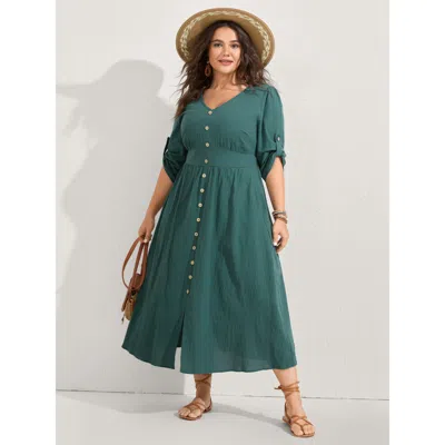 Bloomchic Women's Plus Size Pure Cotton Button Gathered Sleeve Midi Dress Teal Non Midi Vacation Gathered 10/m In Blue