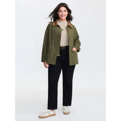 Bloomchic Women's Plus Size Pure Cotton Color Contrast Button Jacket Armygreen Colorblock H-line 10/m