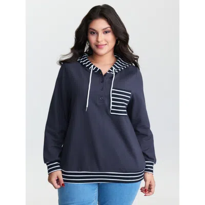 Bloomchic Women's Plus Size Pure Cotton Color Contrast Hoodie Midnight Not Graphics Casual Tie-neck 10/m In Blue