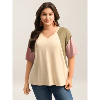 Bloomchic Women's Plus Size Pure Cotton Color Contrast T-shirt Apricot Geometric Vacation Short Sleeve 10/m In Orange