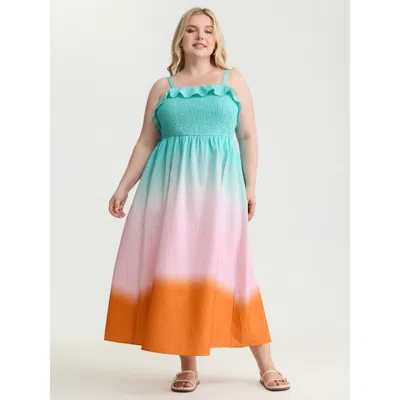 Bloomchic Women's Plus Size Pure Cotton Color Gradient Ruffled Maxi Dress Multicolor Gradient Dyeing Maxi Casu