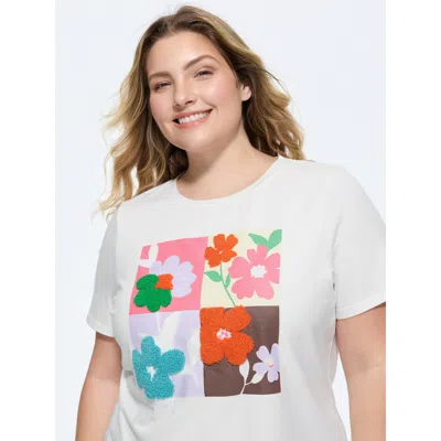 Bloomchic Women's Plus Size Pure Cotton Colorful Floral Collage Print T-shirt Whitesmoke Solid Casual Short Sl
