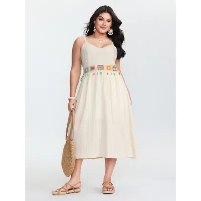 Bloomchic Women's Plus Size Pure Cotton Colorful Webbed Midi Dress Beige Solid Midi Vacation Patchwork 30/6x In Sand