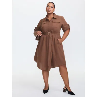 Bloomchic Women's Plus Size Pure Cotton Curvy Hem Belted Midi Dress Browncoffeecolor Solid Midi Office Button 