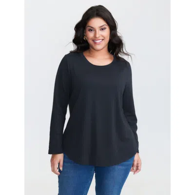 Bloomchic Women's Plus Size Pure Cotton Curvy Hem Plain T-shirt Navy Solid Casual Long Sleeve Round Neck 10/m In Blue
