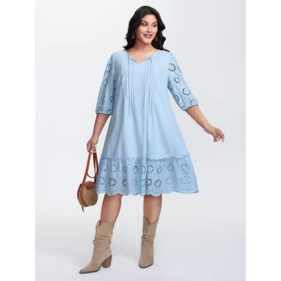 Bloomchic Women's Plus Size Pure Cotton Cut-out Detail Mini Dress Lightblue Synthetic Texture Knee Vacation Tu In Blue