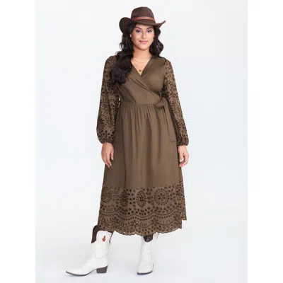 Bloomchic Women's Plus Size Pure Cotton Cut-out Tie Midi Dress Darkbrown Synthetic Texture Midi Vacation 12/l In Brown