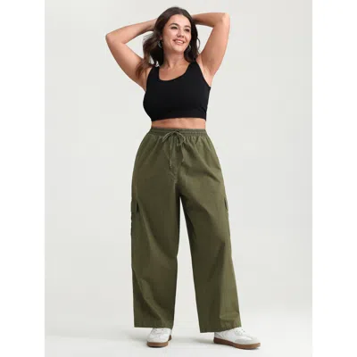 Bloomchic Women's Plus Size Pure Cotton Distressed Washed Cargo Pants Armygreen Non Straight Fit Mid Rise Casu