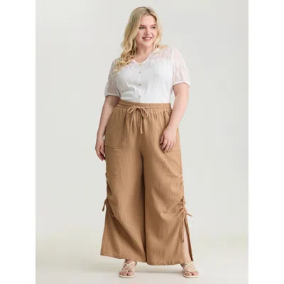 Bloomchic Women's Plus Size Pure Cotton Drawstring Split Side Pants Tan Non Wide Leg Mid Rise Casual 12/l In Brown