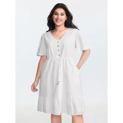 Bloomchic Women's Plus Size Pure Cotton Drawstring Waist Flared Sleeve Mini Dress Originalwhite Non Knee Casua