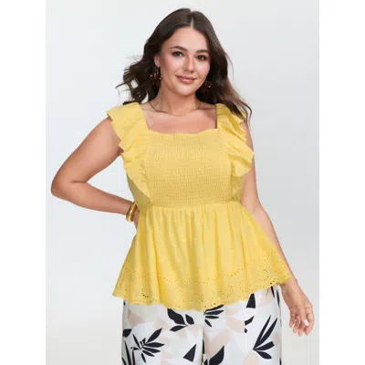 Bloomchic Women's Plus Size Pure Cotton Embroidered Backless Blouse Lightyellow Synthetic Texture Vacation Sle