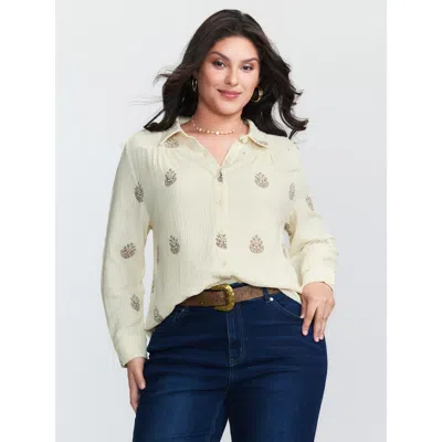 Bloomchic Women's Plus Size Pure Cotton Embroidered Button-down Shirt Beige Casual Extra Long Sleeve 22-24/3x In Sand