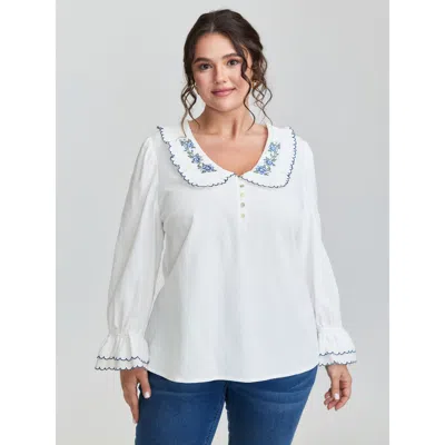 Bloomchic Women's Plus Size Pure Cotton Embroidered Doll Collar Blouse Beige Floral Elegant Long Sleeve 14-16/ In Sand