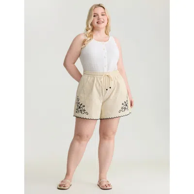 Bloomchic Women's Plus Size Pure Cotton Embroidered Hem Drawstring Shorts Apricot Casual A-line Embroidered Sh In Orange