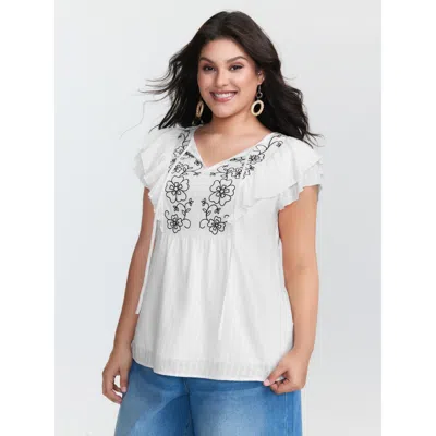 Bloomchic Women's Plus Size Pure Cotton Embroidered Neckline Blouse Originalwhite Ethnic Floral Vacation Short